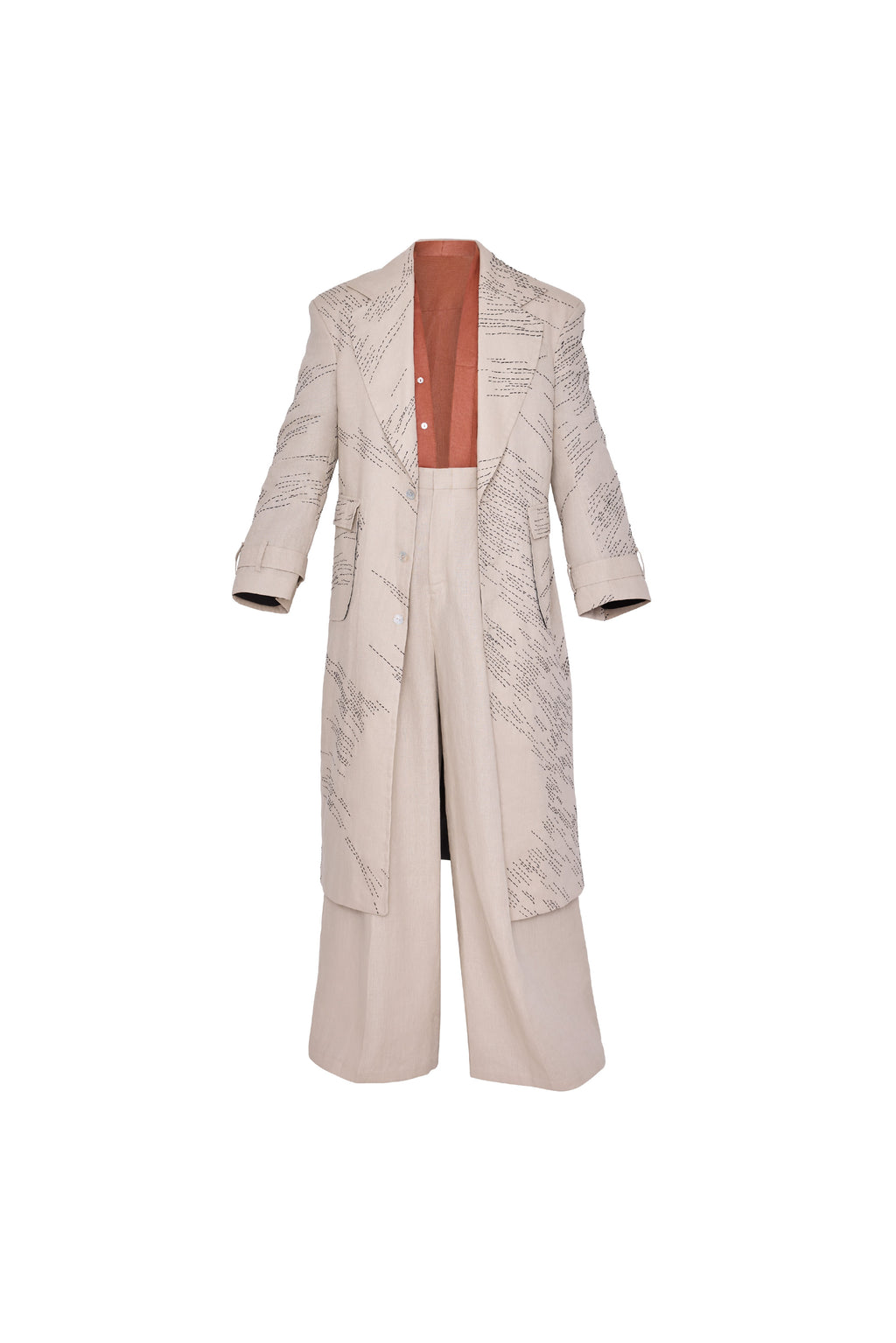 Beige Linen Coat with Black Embroidery
