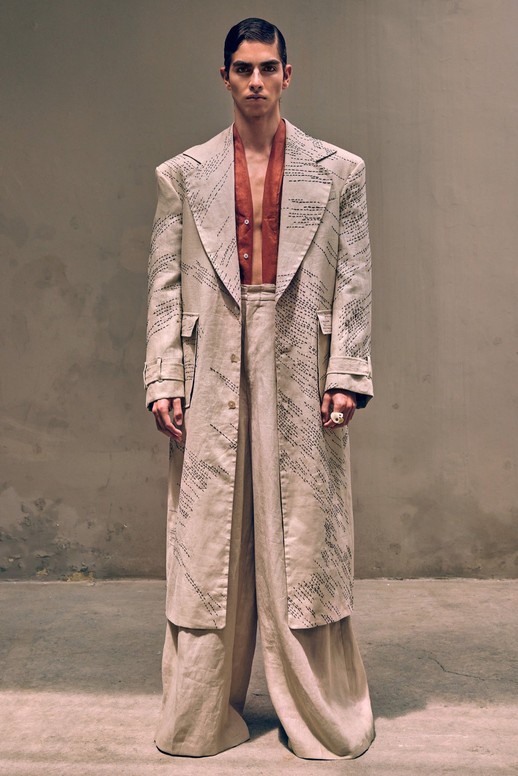 Beige Linen Coat with Black Embroidery